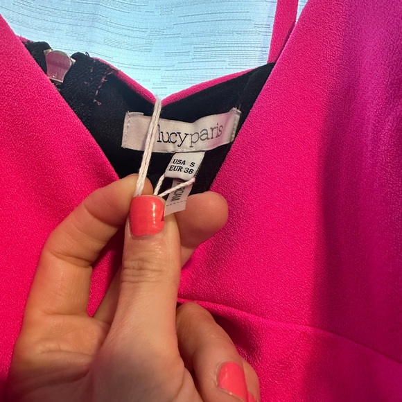 Lucy Paris Hot Pink & Black Bandage Mini Dress - side & midriff cut-outs, Small - Picture 4 of 7